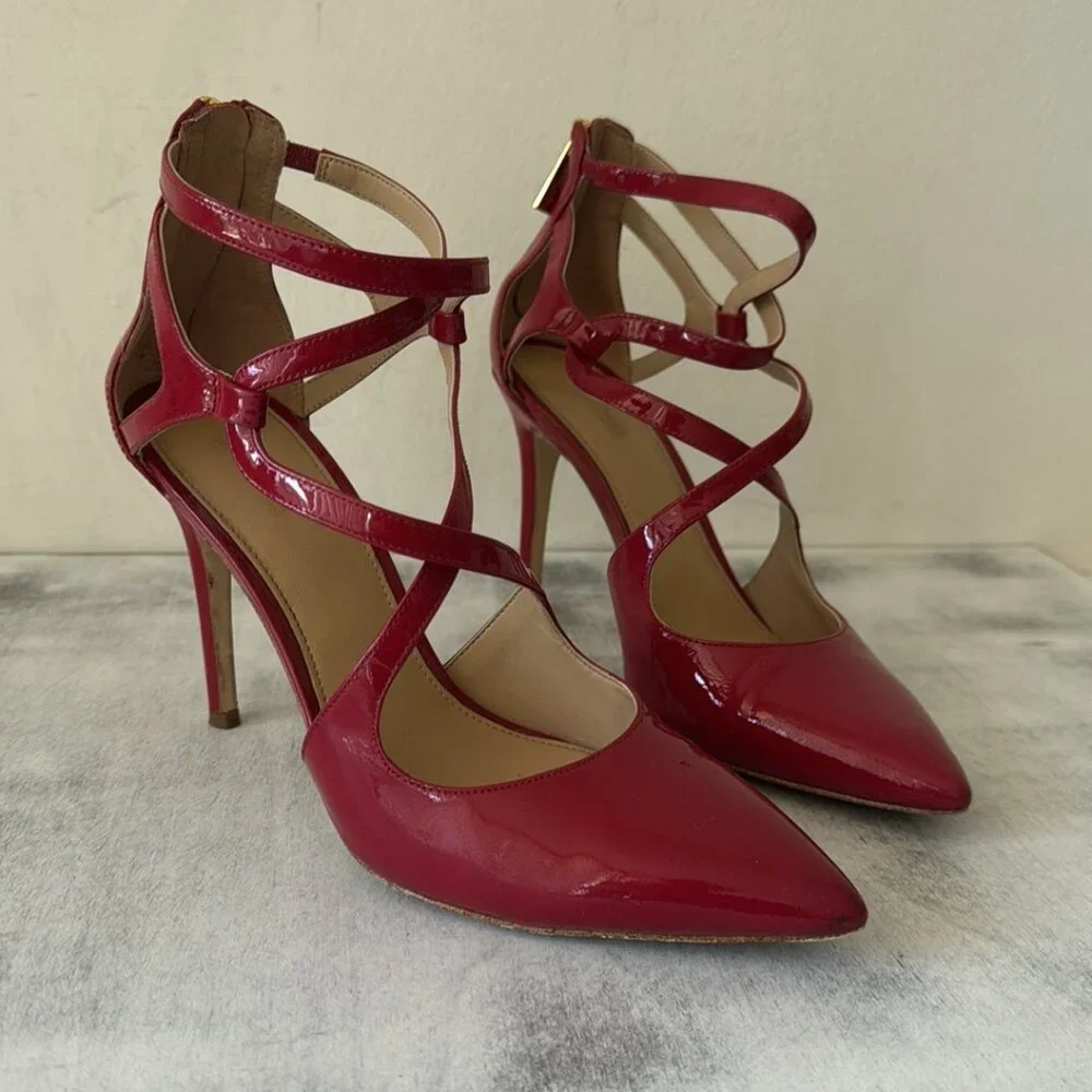 MICHAEL KORS Catia Red Pointed Toe Strappy High Heels 4" Patent Leather Sz.8 - Picture 7 of 15